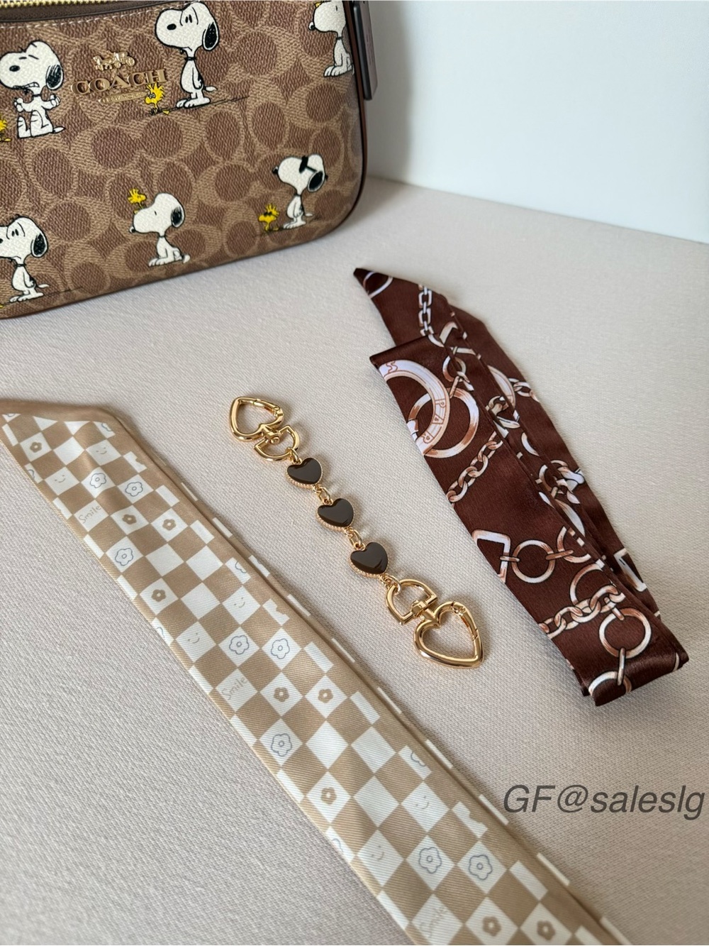 Neutral Luxury Bag Accessory Set | Heart Charm Chain & 2 Twilly Scarves